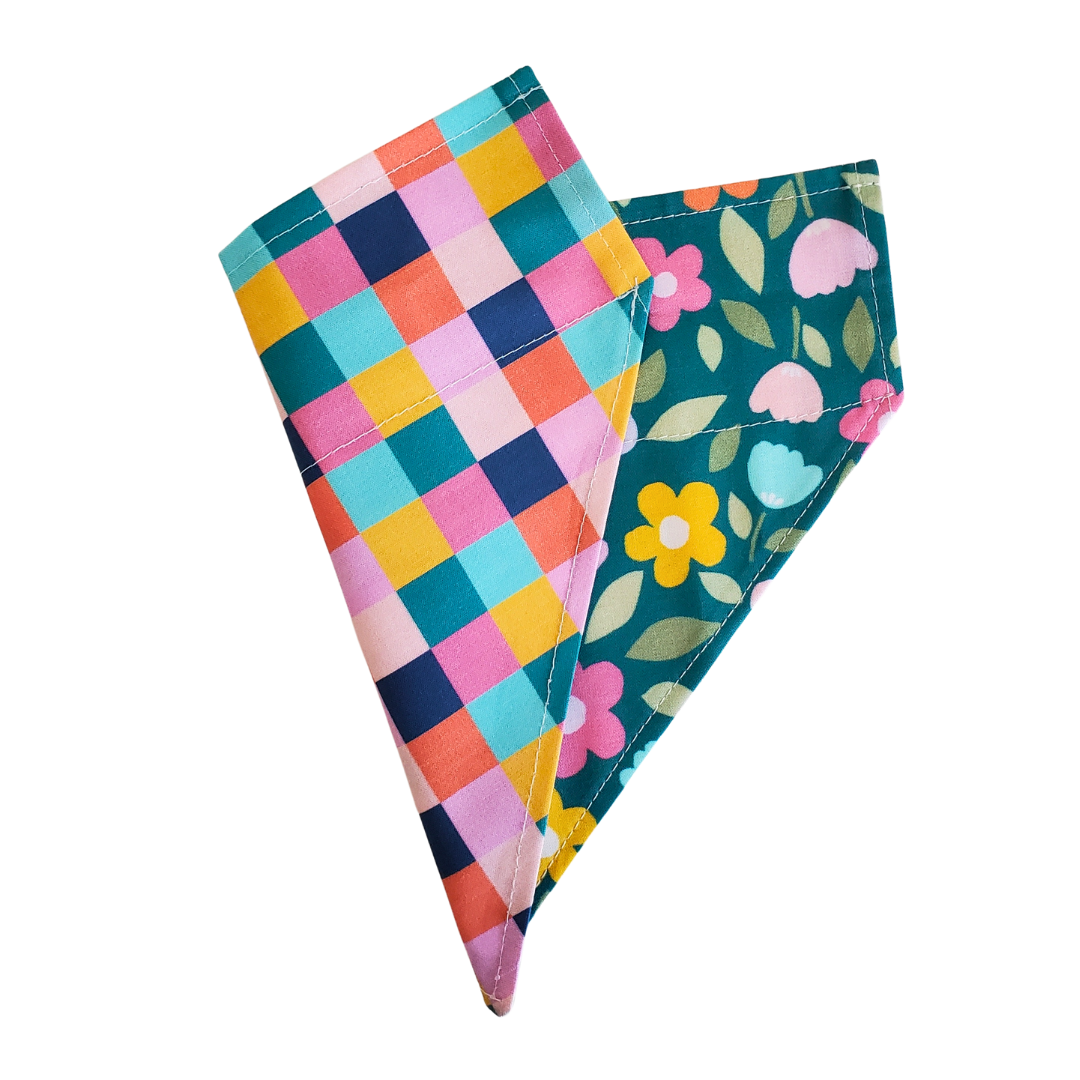 Flowers & Checks - Reversible Dog Collar Bandana