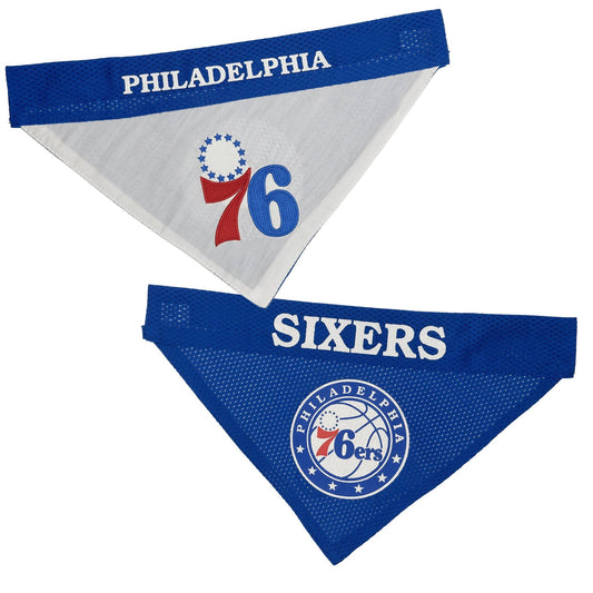 Two Philadelphia 76ers bandana pet accessories on a white background, one white and one blue mesh, both featuring the team logo and team name.